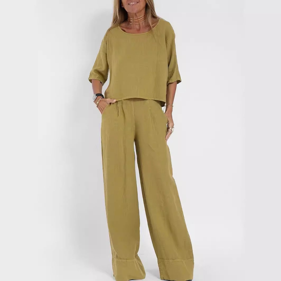 Cotton And Linen Cropped Sleeves Wide-leg Pants Suit