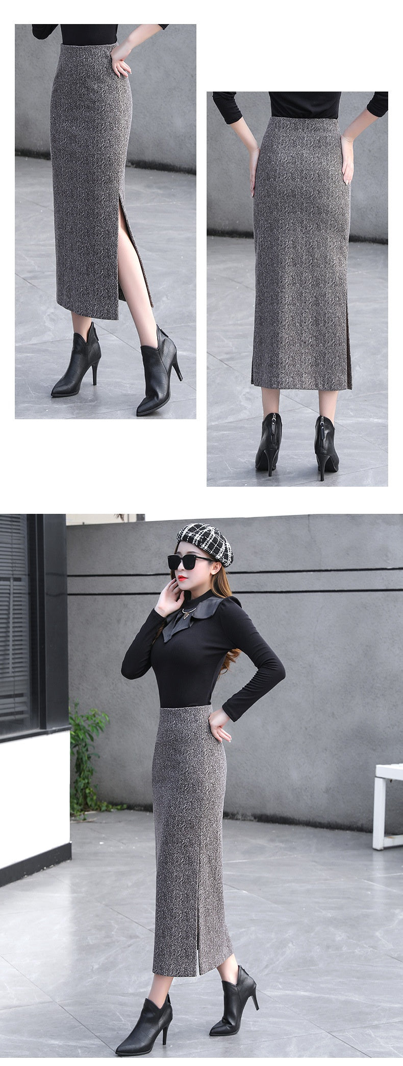 Plaid Woolen Hip-wrapped Skirt Retro Side Slit Women's Slim Straight Skirt Thickened Long Skirt