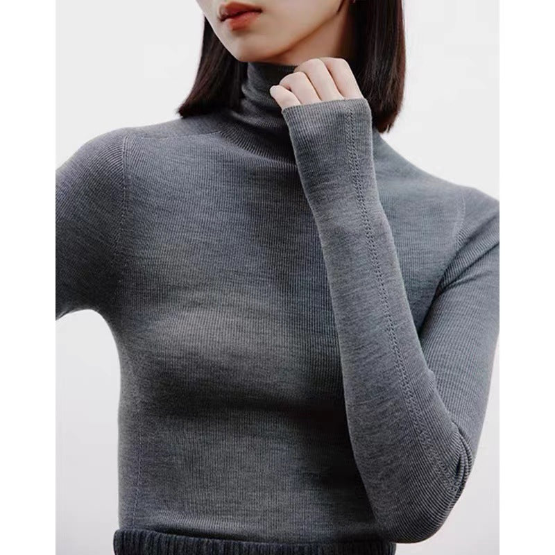 French Style Black Pile Collar Turtleneck Wool Sweater