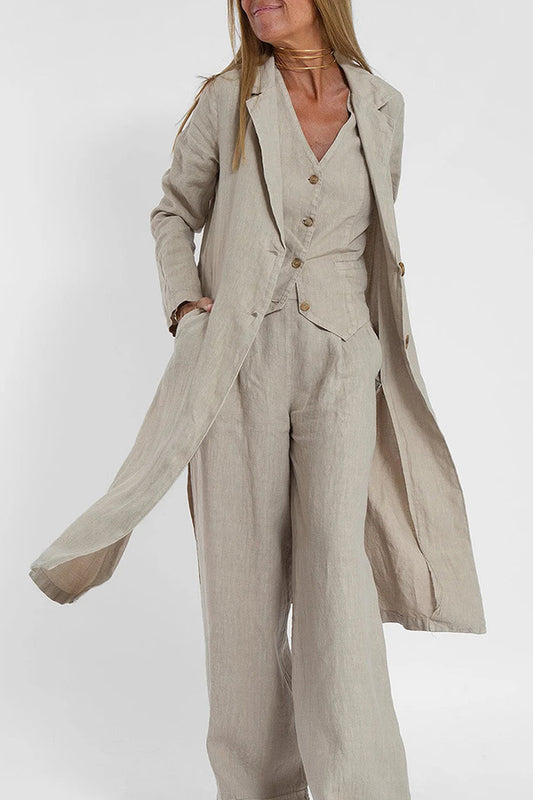 Cotton Linen Suit Collar Pocket Trench Coat