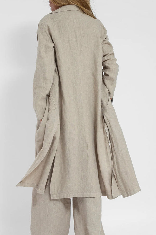 Cotton Linen Suit Collar Pocket Trench Coat