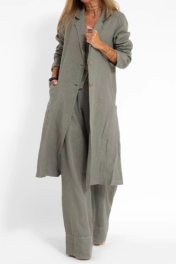 Cotton Linen Suit Collar Pocket Trench Coat