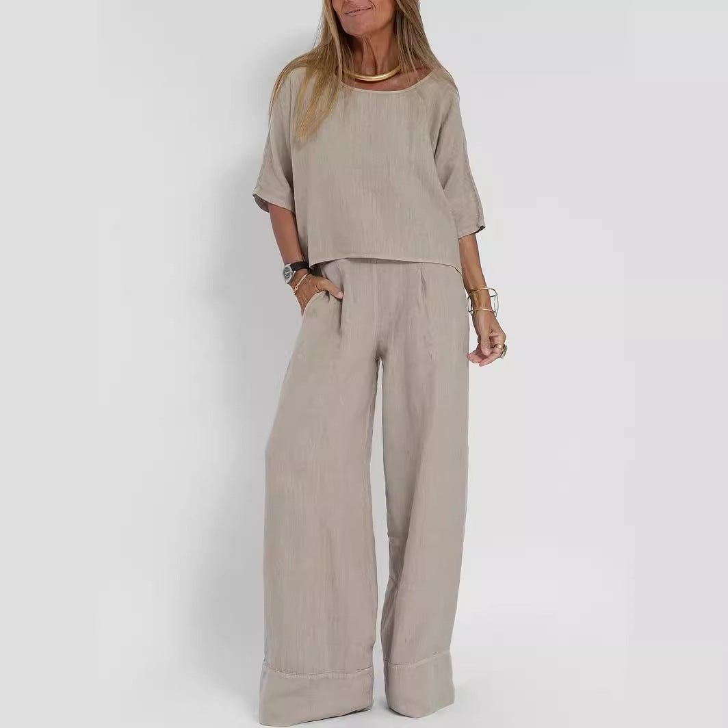 Cotton And Linen Cropped Sleeves Wide-leg Pants Suit