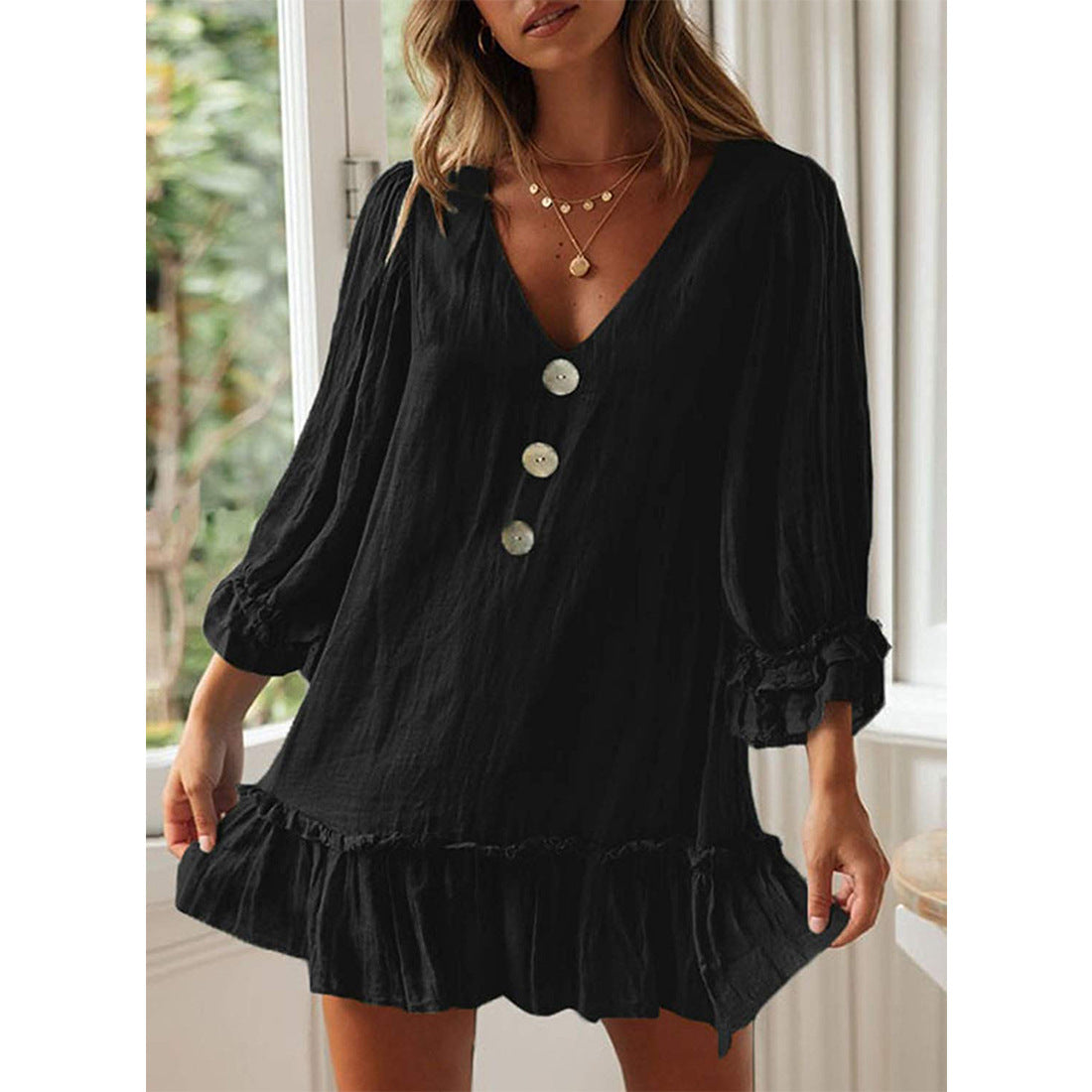 Loose-fitting Long Sleeves Ruffled Hem Cotton Linen Dress