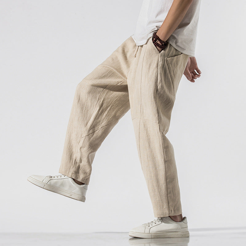 Thin Linen Ankle Length Pants Men's  Loose Wide Leg