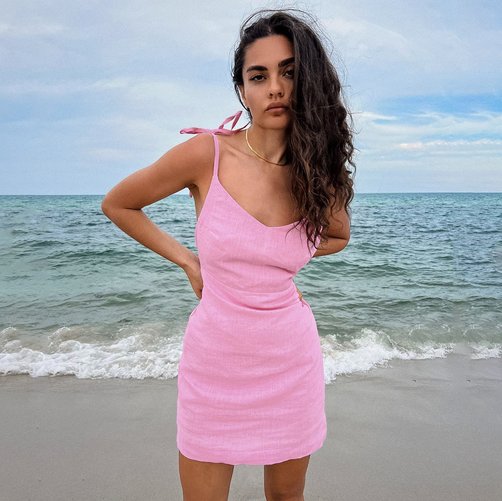 Cotton & Linen Backless Pink Dress