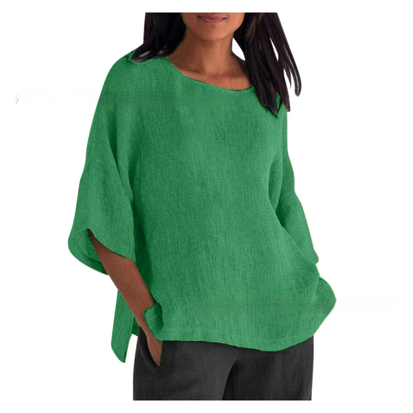 Women's Three-quarter Sleeve Round Neck Cotton And Linen Shirt Top