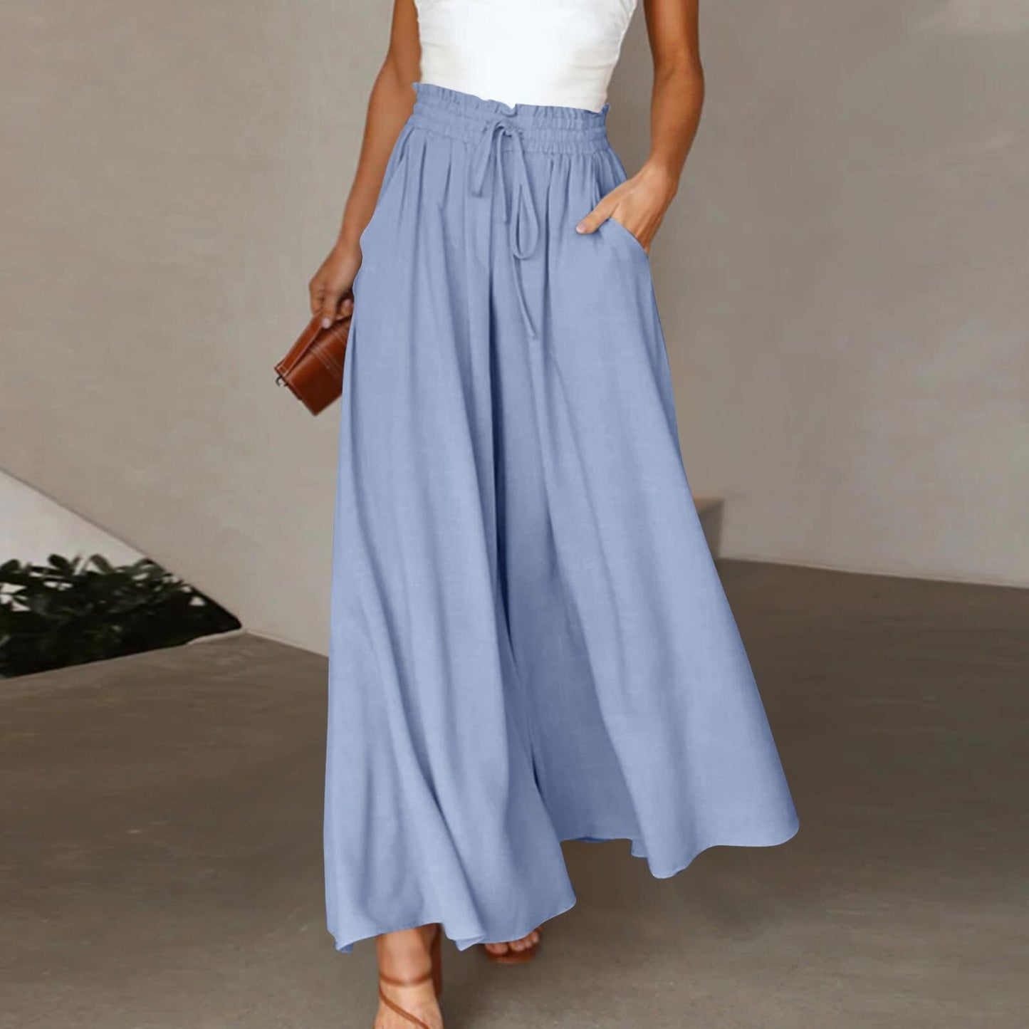 Elastic Waistband Wide Leg High Waist Long Pants