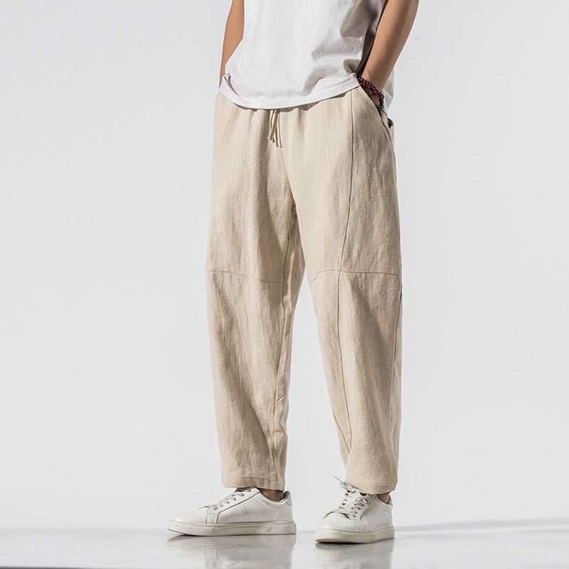 Thin Linen Ankle Length Pants Men's  Loose Wide Leg