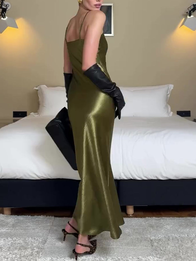 Olive Green Satin Slip Dress