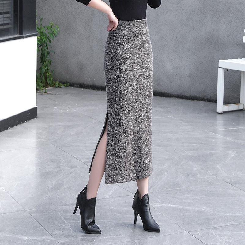 Plaid Woolen Hip-wrapped Skirt Retro Side Slit Women's Slim Straight Skirt Thickened Long Skirt