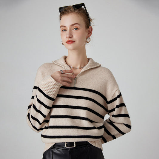 Thick Black And White Striped Zipper Turtleneck Cashmere Sweater