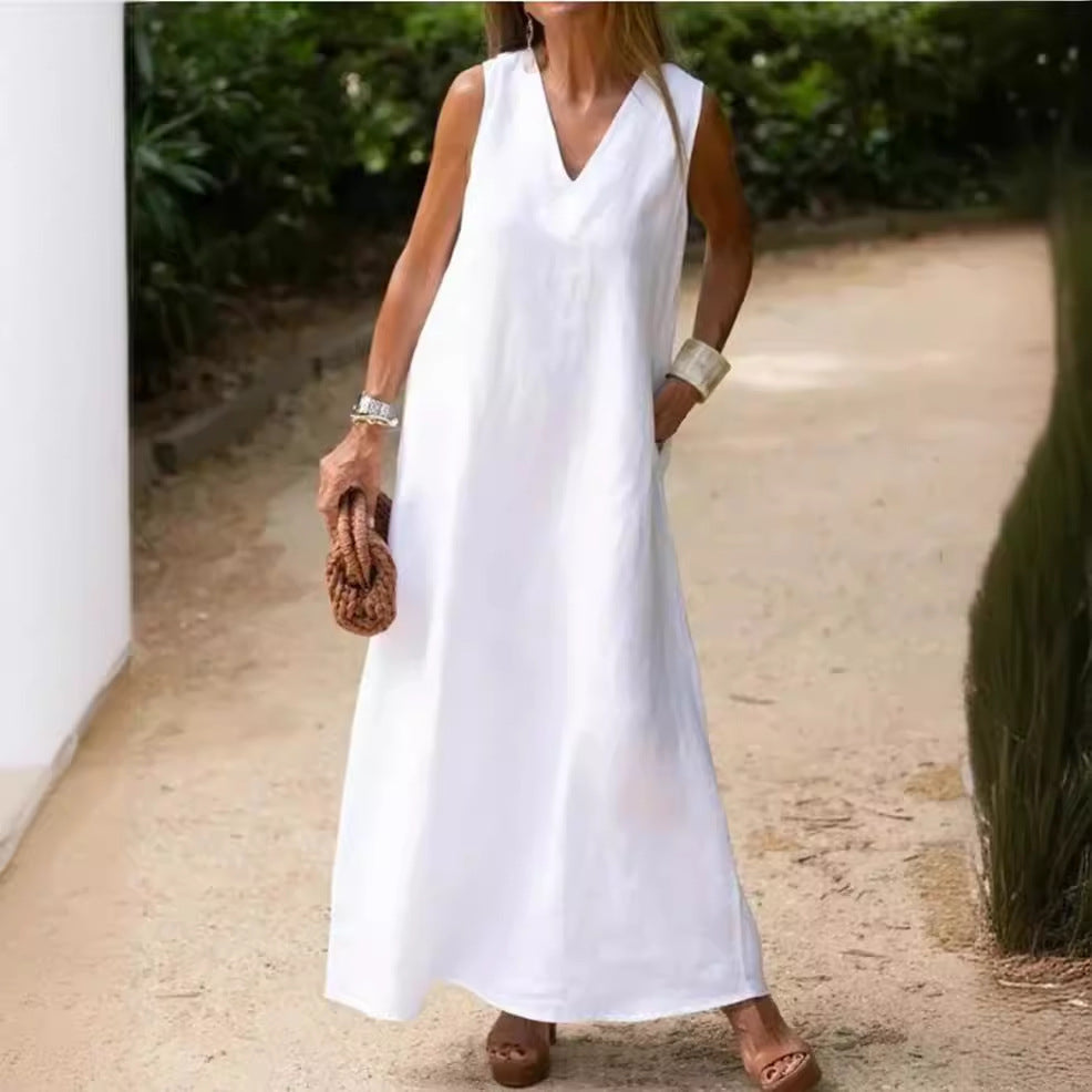 Flowy White Cotton Linen Dress