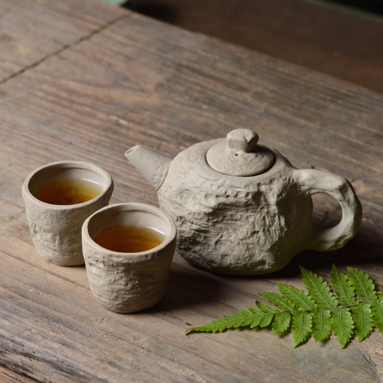 One Pot And Two Cups Of Rock Clay Stoneware Handmade Ceramics