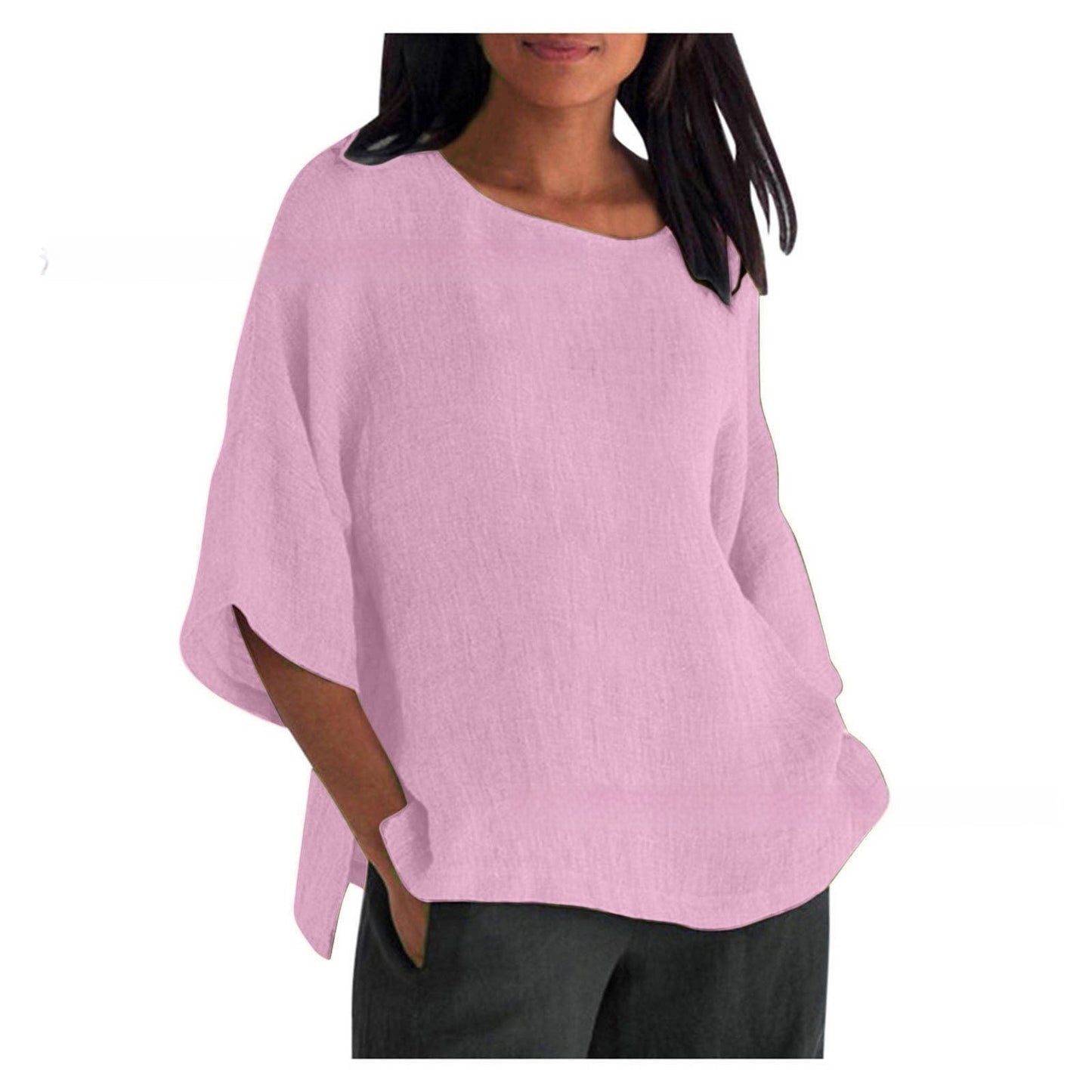 Women's Three-quarter Sleeve Round Neck Cotton And Linen Shirt Top