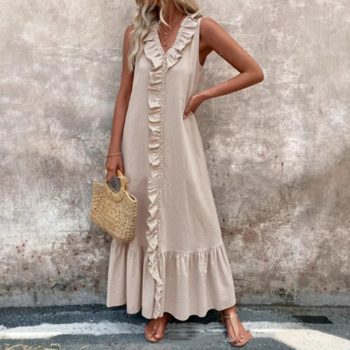 Sleeveless Cotton Linen V-neck Swing Dress