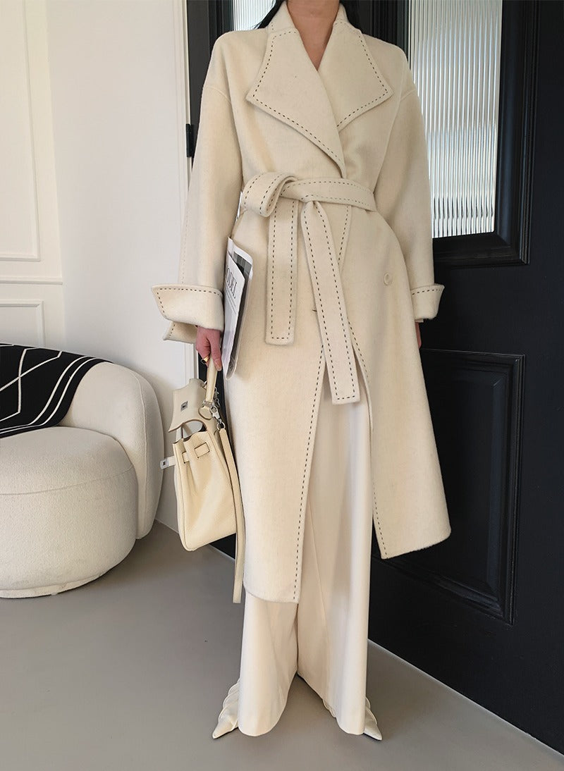 Long Fur Lapel Extended Lace-up Double-faced Woolen Goods Wool Coat