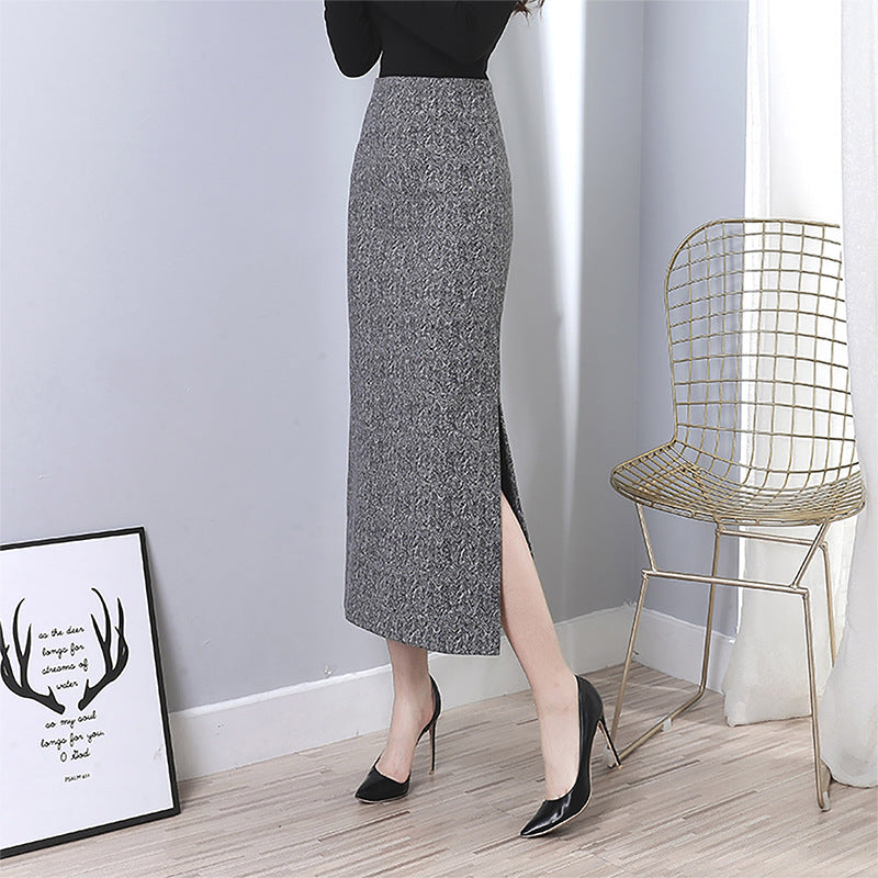 Plaid Woolen Hip-wrapped Skirt Retro Side Slit Women's Slim Straight Skirt Thickened Long Skirt