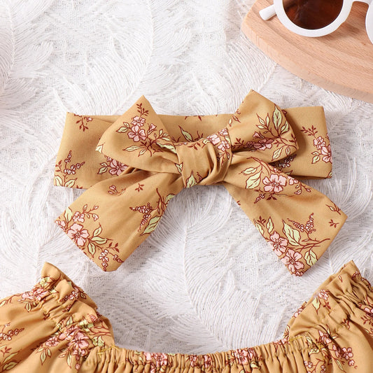 Infant Toddler Yellow Floral Skirt Romper Headscarf Two-piece Set