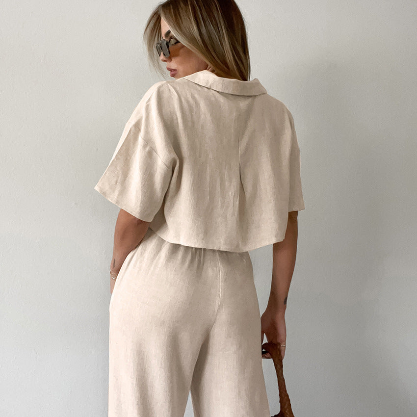 Loose Two-piece Cotton & Linen Short-sleeved Trousers