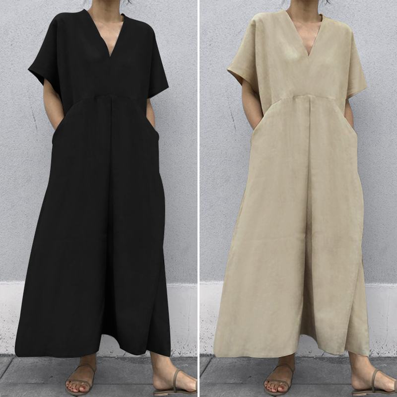 V-neck Big Pocket Dress Short Sleeve Cotton& Linen