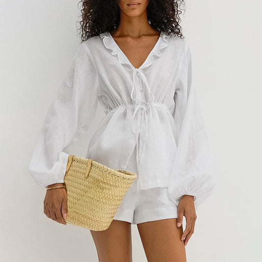 Cotton & Linen Lantern Sleeve Shorts Set