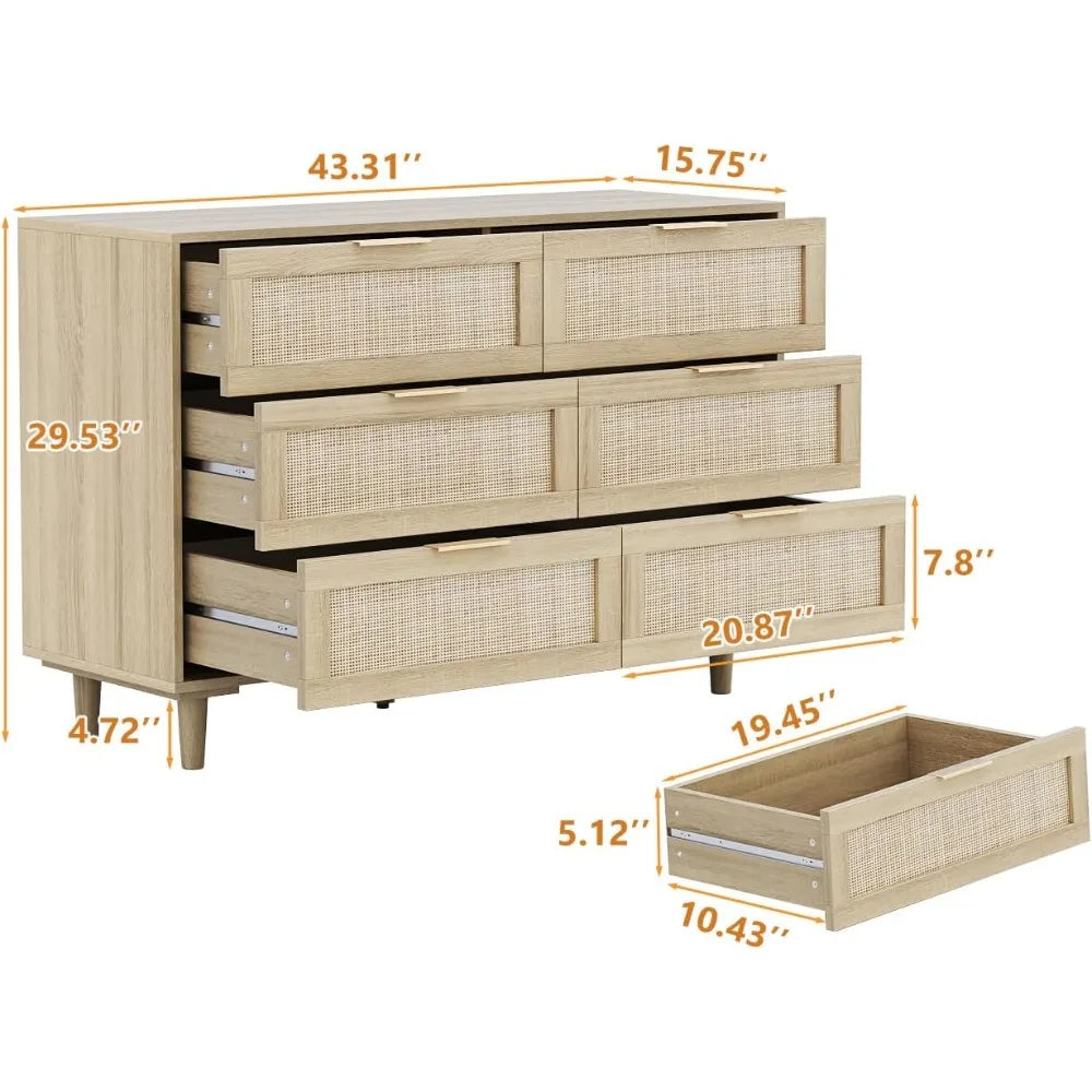 Six Drawer Wide Rattan Dresser