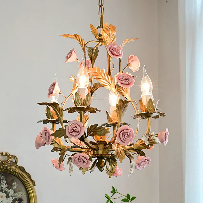 Floral Led  Rose Copper Ceramic Chandelier