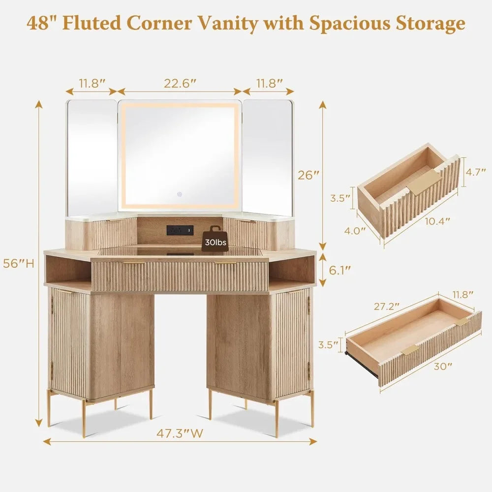 Corner Fluted Makeup Vanity Desk with HD Triple Mirror and Lights