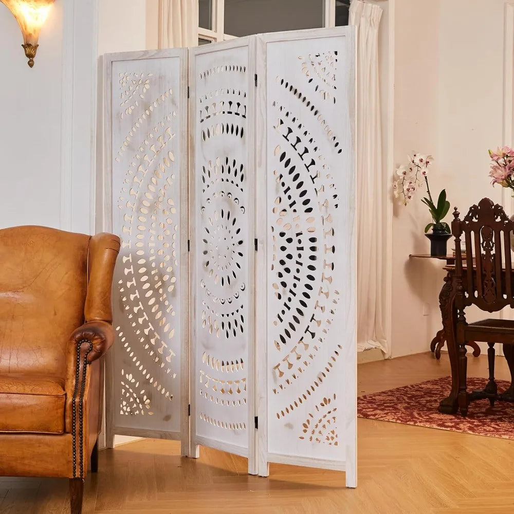 Folding Room Divider Wood Carved Privacy Screen