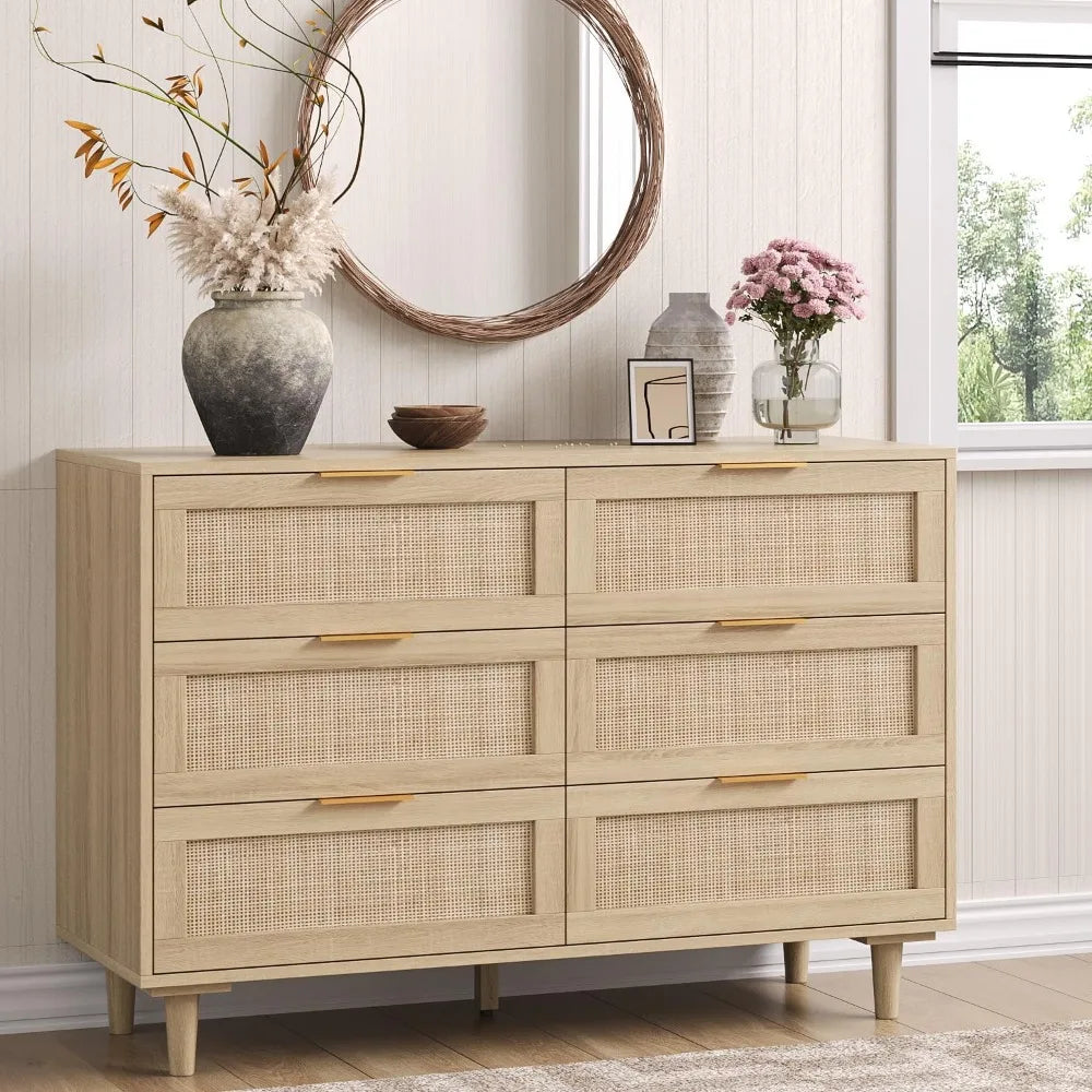 Six Drawer Wide Rattan Dresser