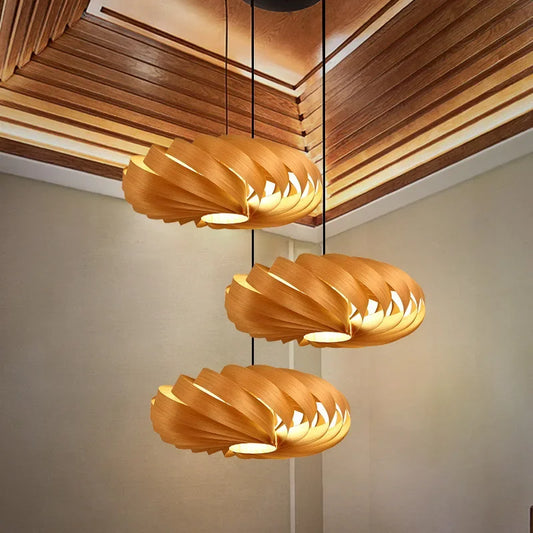 Chinese Oak Veneer Hand-woven Wood Chandelier