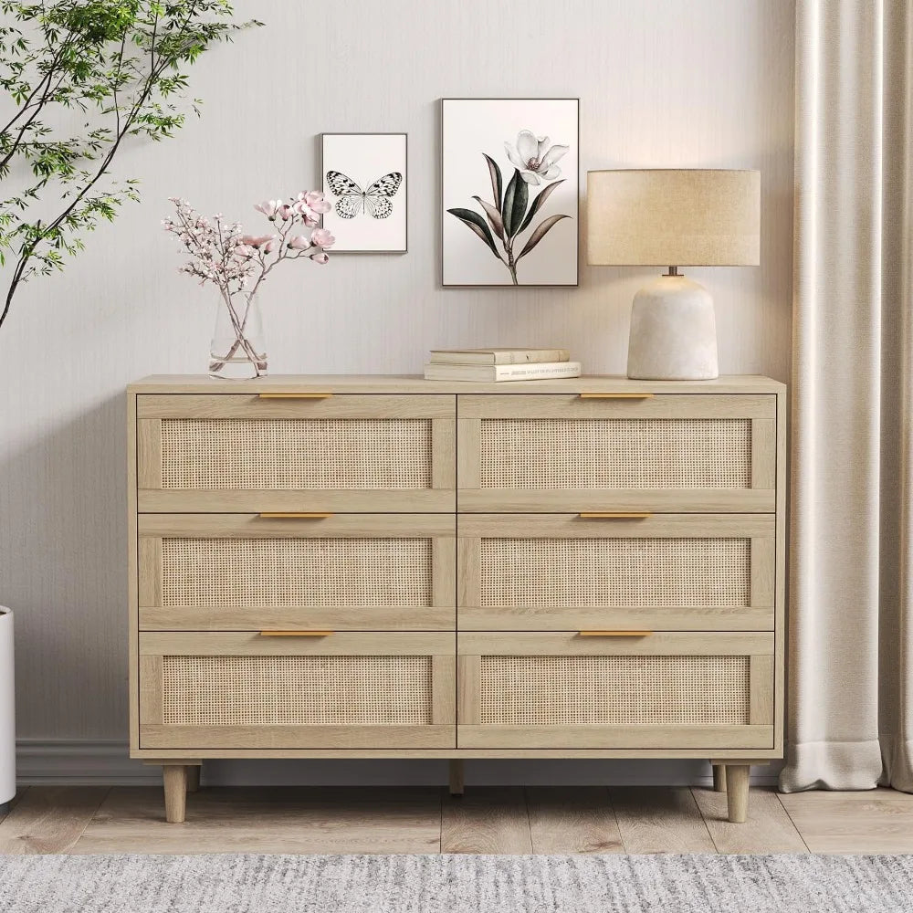 Six Drawer Wide Rattan Dresser