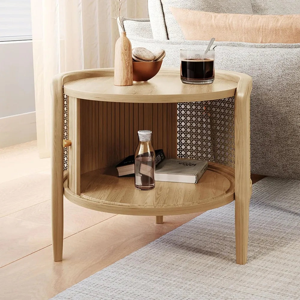 Solid Wood Side Table with Roller Door