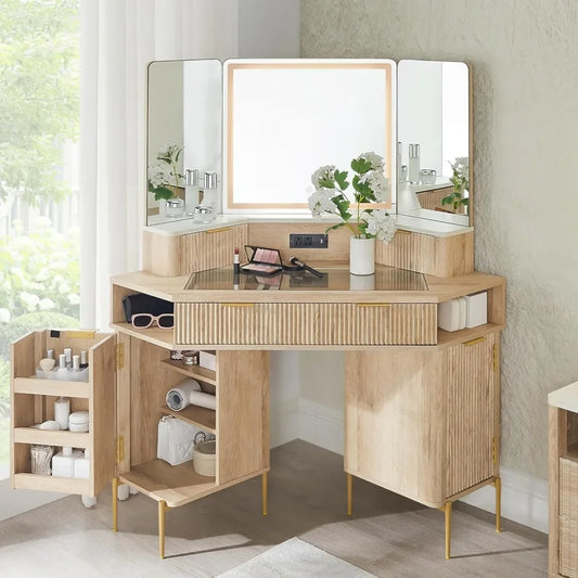 Corner Fluted Makeup Vanity Desk with HD Triple Mirror and Lights