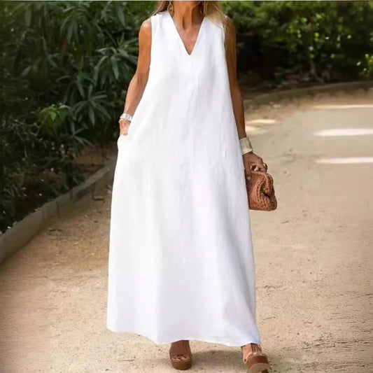 Flowy White Cotton Linen Dress