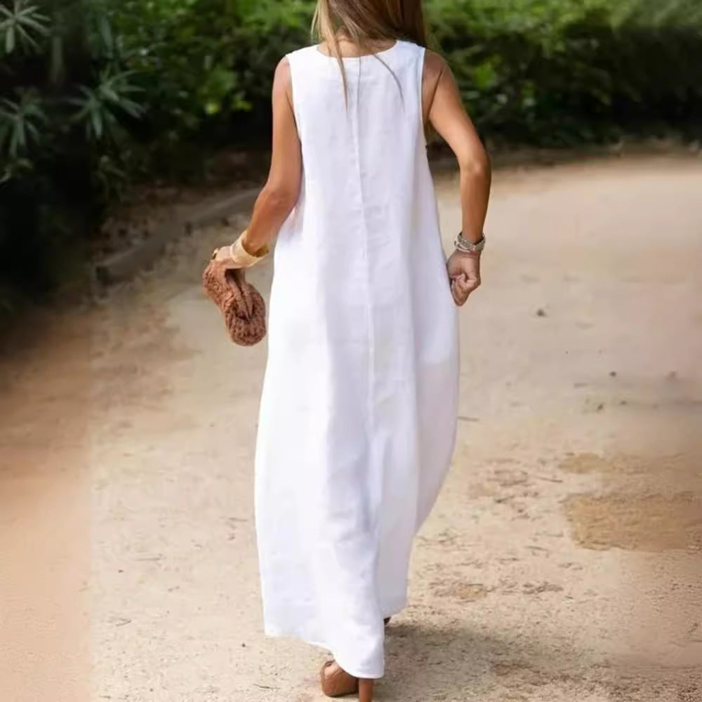 Flowy White Cotton Linen Dress