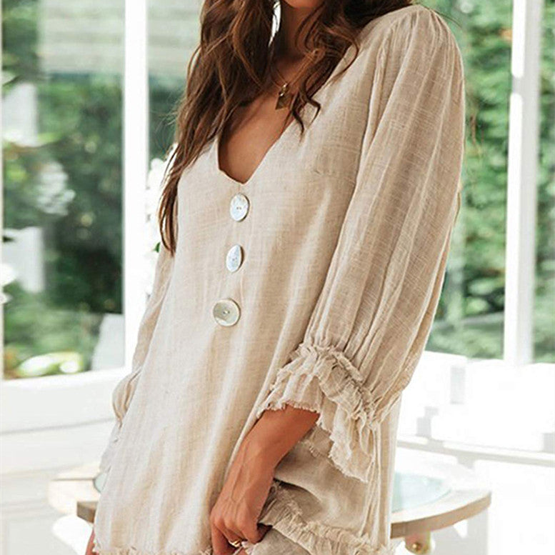 Loose-fitting Long Sleeves Ruffled Hem Cotton Linen Dress