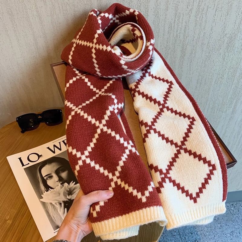 Diamond Plaid Scarf Winter Thickened Warm Wool Scarf