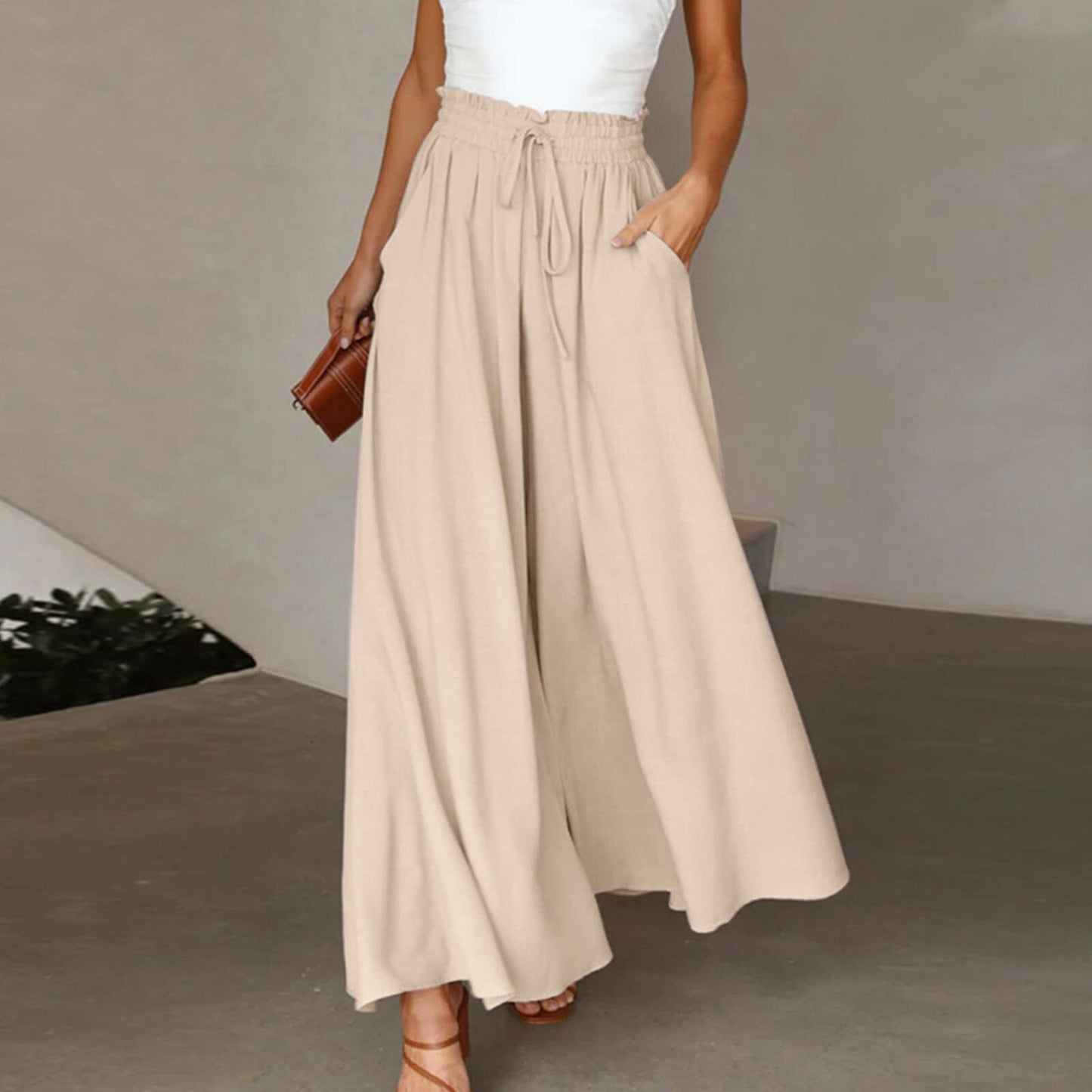 Elastic Waistband Wide Leg High Waist Long Pants