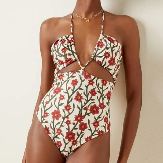 Two-piece One Piece Swimsuit  Hollow cut Out Tied Halter  Skirt Swimsuit