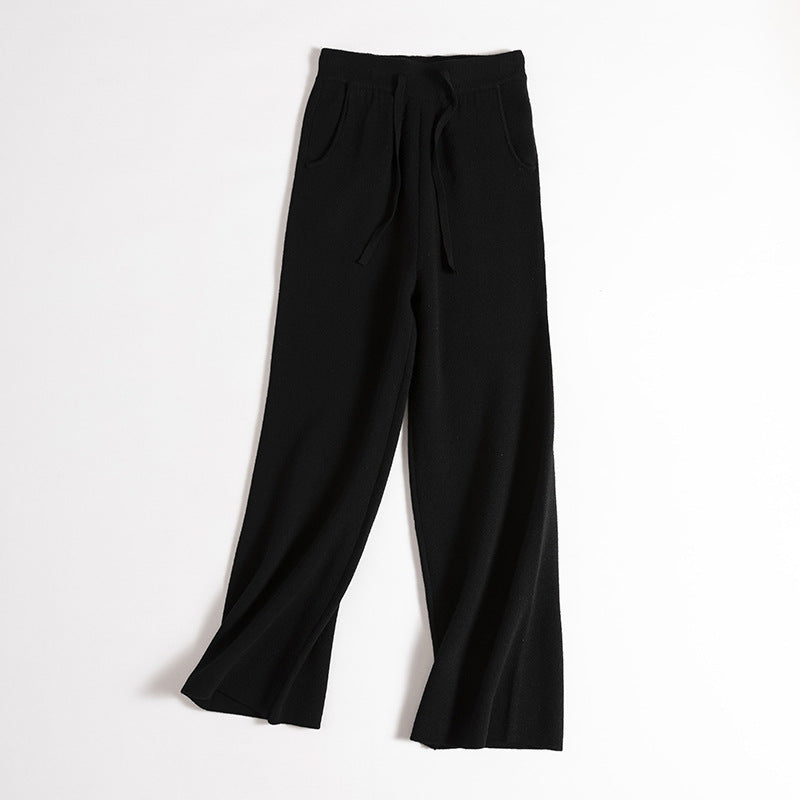 Thick soft Wool Drawstring High Waist Straight Wide Leg Pants