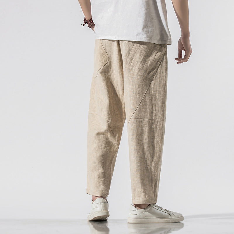 Thin Linen Ankle Length Pants Men's  Loose Wide Leg