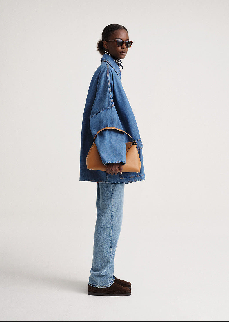 Cotton A- Line Style Drop-shoulder Mid-length Denim Coat