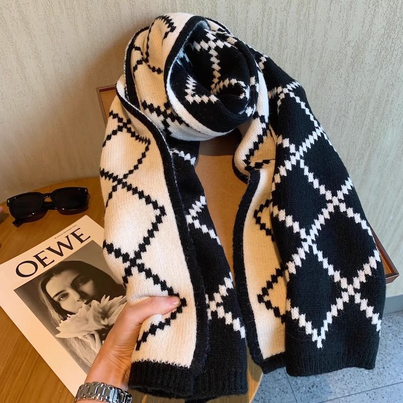 Diamond Plaid Scarf Winter Thickened Warm Wool Scarf