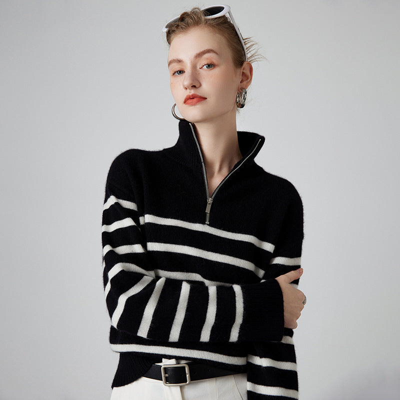 Thick Black And White Striped Zipper Turtleneck Cashmere Sweater