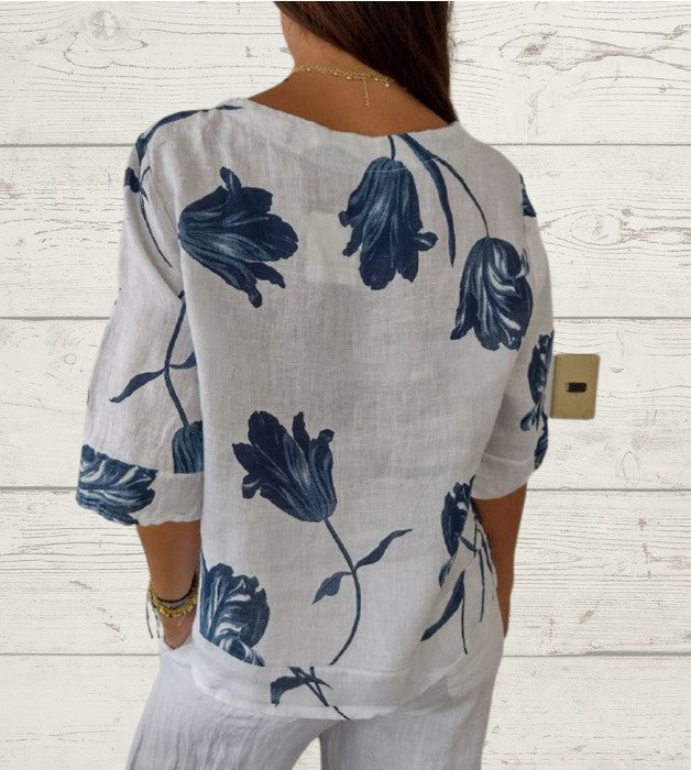 Floral Print Cotton And Linen V-neck Short Sleeve Pullover Shirt