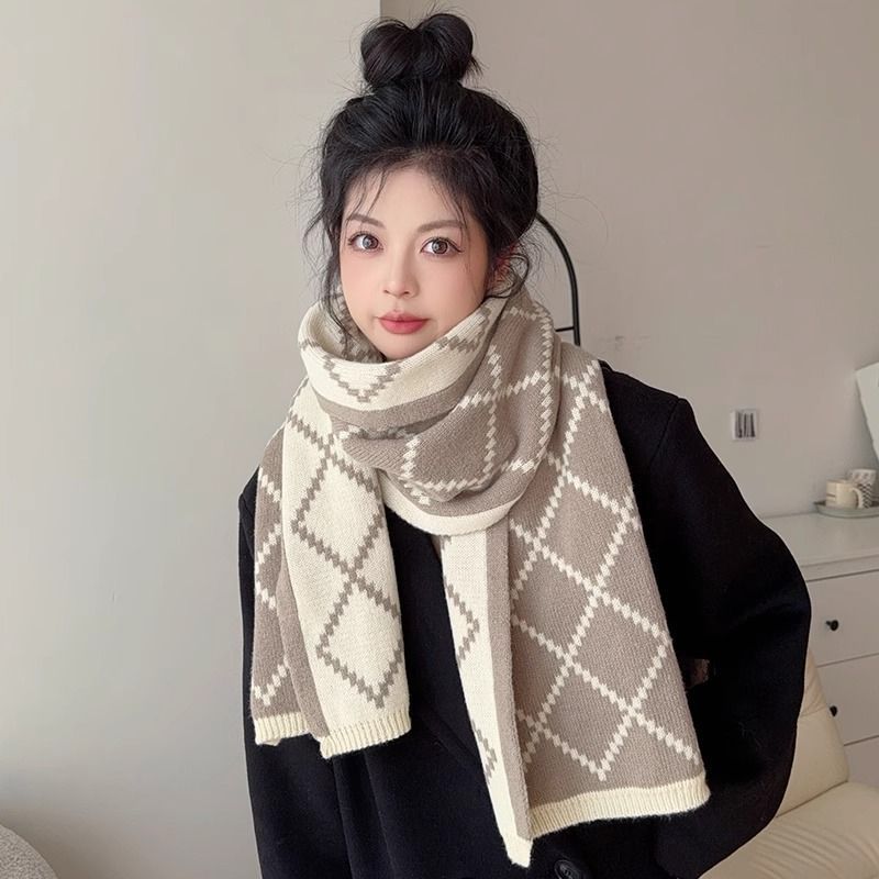 Diamond Plaid Scarf Winter Thickened Warm Wool Scarf