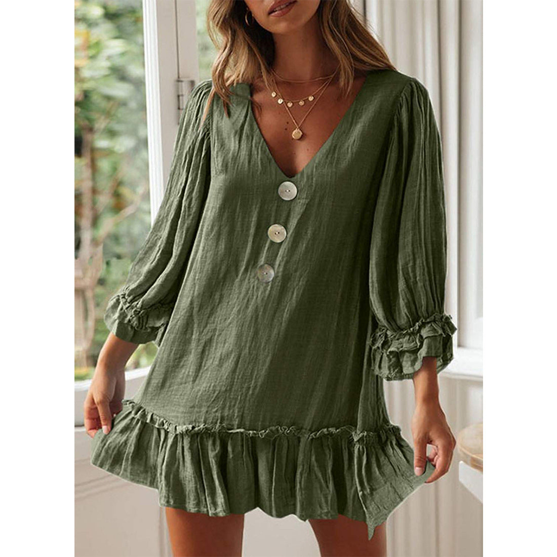 Loose-fitting Long Sleeves Ruffled Hem Cotton Linen Dress