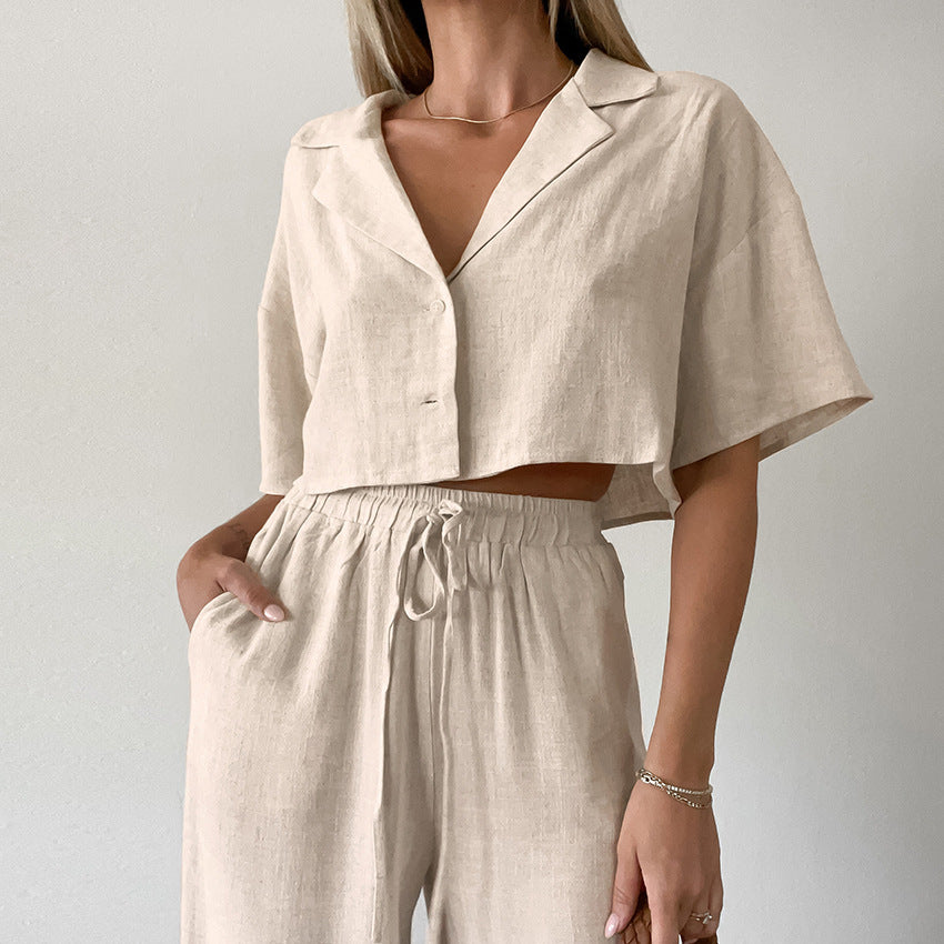 Loose Two-piece Cotton & Linen Short-sleeved Trousers